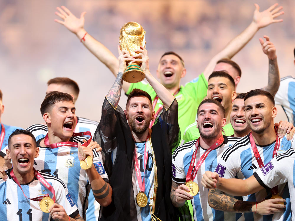Lionel Messi of Argentina lifts the FIFA World Cup Qatar 2022 Winner's Trophy during the FIFA World Cup Qatar 2022 Final match between Argentina and France at Lusail Stadium on December 18, 2022 in Lusail City, Qatar.