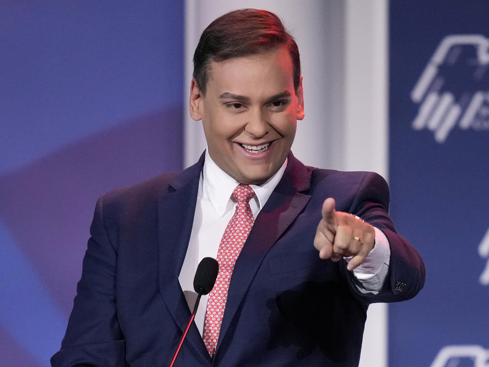 Rep.-elect George Santos, R-N.Y., speaks at an annual leadership meeting of the Republican Jewish Coalition on Nov. 19 in Las Vegas.