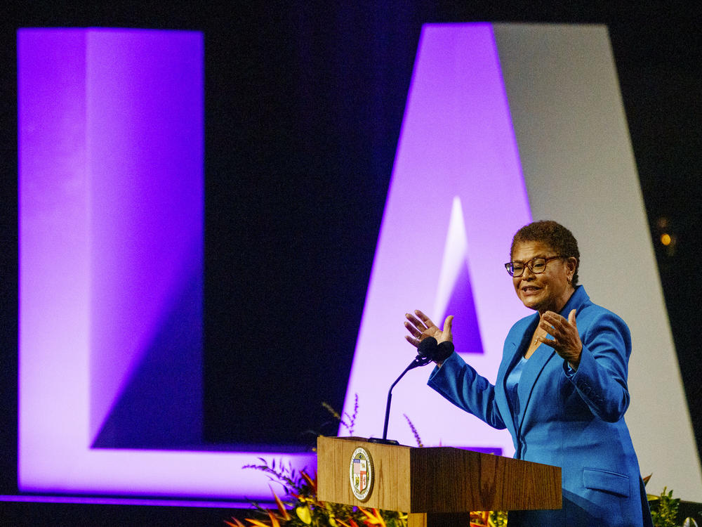 New Los Angeles Mayor Karen Bass speaks during her inaugural address, Sunday, Dec. 11, 2022.