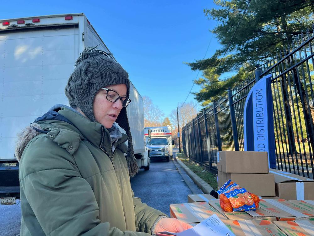 Alysa MacClellan, 47, prepares to send volunteers to their designated drop offs at a food distribution site in Washington, D.C.