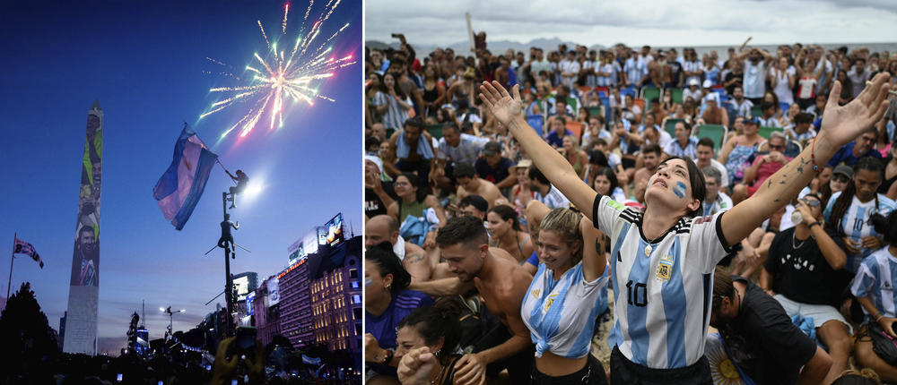 <strong>Left: </strong>Argentina's fans celebrate the team's 2022 World Cup win against France at the Obelisk in Buenos Aires on Sunday, Dec. 18. <strong>Right:</strong> Argentina's fans react while watching the live broadcast of the 2022 World Cup final between France and Argentina at the Copacabana beach in Rio de Janeiro, Brazil, on Sunday, Dec. 18.