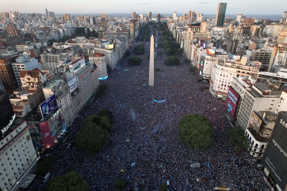 In this aerial view, Argentina's fans celebrate their team's 2022 World Cup win over defending champions France at the Obelisk in Buenos Aires on Sunday, Dec. 18.
