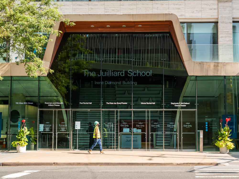 An exterior shot of The Juilliard School in New York City, taken in September 2020.