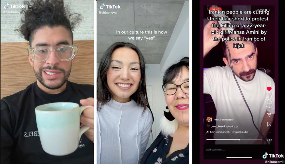 Three TikTok phenomena of 2022: the pop star Bad Bunny; an Inuit mother and daughter who teach how to say yes with your eyebrows; and one of the Iranians who cut their hair in solidarity with 22-year-old Mahsa Amini, who died in custody after being detained by Iran's morality police for allegedly wearing her hijab inappropriately.