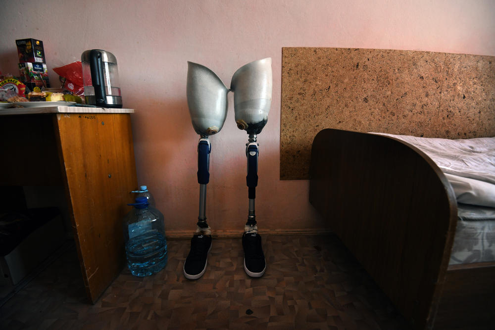 Misha's prosthetic legs in their room at Truskavets City Hospital near Lviv.