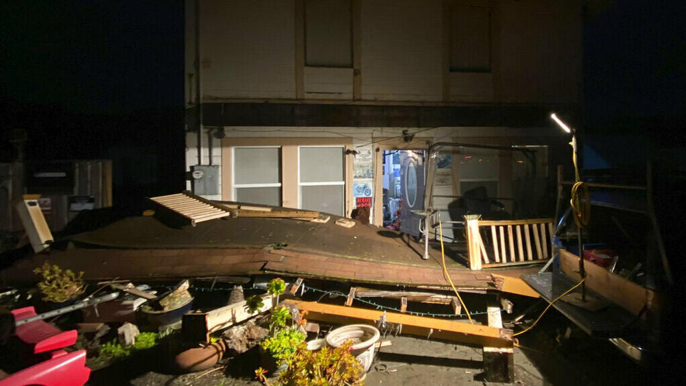 Earthquake damage is seen Tuesday outside a building in Rio Dell, Calif. A strong earthquake shook parts of Northern California early Tuesday, jolting residents awake, cutting off power to thousands, and causing some damage to buildings and roads, officials said.