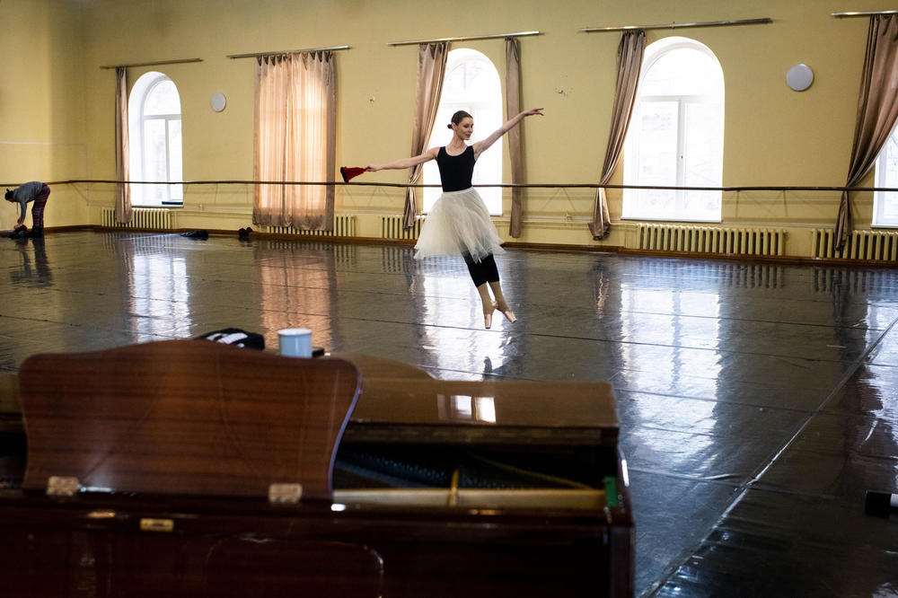 Prima ballerina Olga Golytsia rehearses on Dec. 4 at the National Opera in Kyiv for a production by the Kyiv National Ballet of <em>The Snow Queen.</em> This year, it is being performed without music by Russian composers Pyotr Tchaikovsky and Sergei Prokofiev.