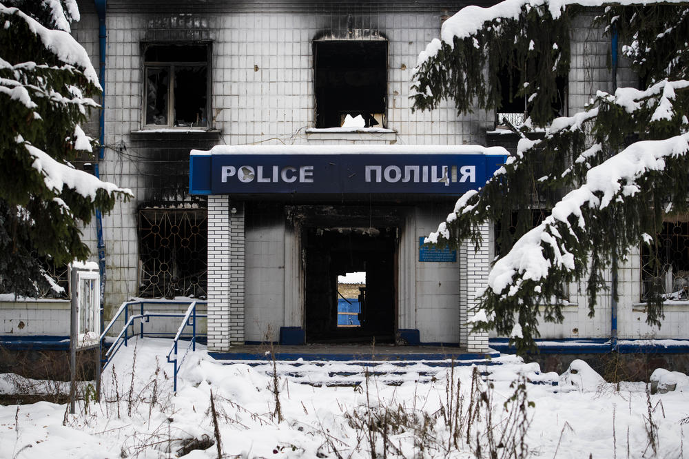 A burnt-out police station in Borodyanka, Kyiv Oblast, Ukraine on Dec. 5. Borodyanka was occupied by Russian forces during their failed attempt to take the capital.
