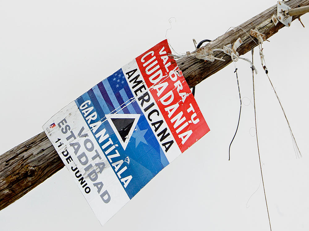 Gabriella Torres-Ferrer, <em>Untitled (Valora tu mentira americana)</em> (detail), 2018. Hurricane-ravaged wooden electric post with statehood propaganda. Private collection; courtesy of the artist and Embajada, San Juan.