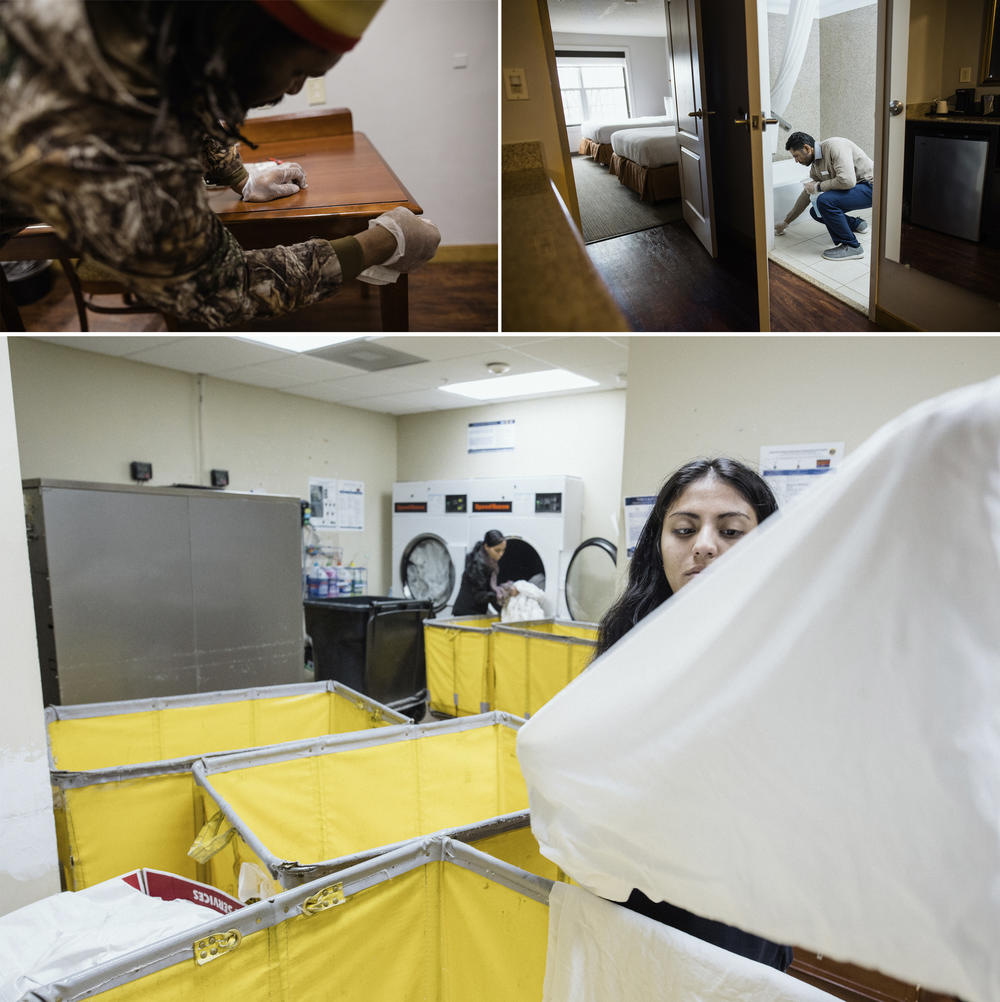 Left: Rayon James, who works in maintenance at the Country Inn and Suites, re-stains wood furniture. He is one of four people working the day shift at the hotel. Right: Deepak Patel does additional cleaning in a guest bathroom. Bottom: Nidhi Patel helps her mother with laundry. The laundry area is located just behind the front desk, so the two can fold sheets while also watching out for guests.