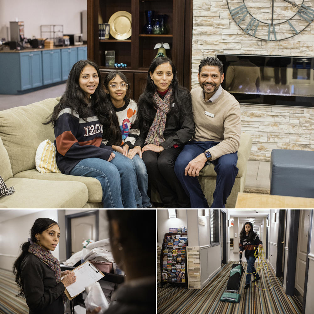 Top: Deepak and Deepa Patel pose for a portrait with their children, Nidhi Patel, 17, and Ellie Patel, 9. The girls do their homework at the hotel after school and help out with various tasks. Left: Deepa Patel checks in with Sarah Hernandez, a member of the housekeeping staff. Right: The Patels' daughter Nidhi vacuums a hallway. After school, the 17-year-old helps out with a variety of tasks.