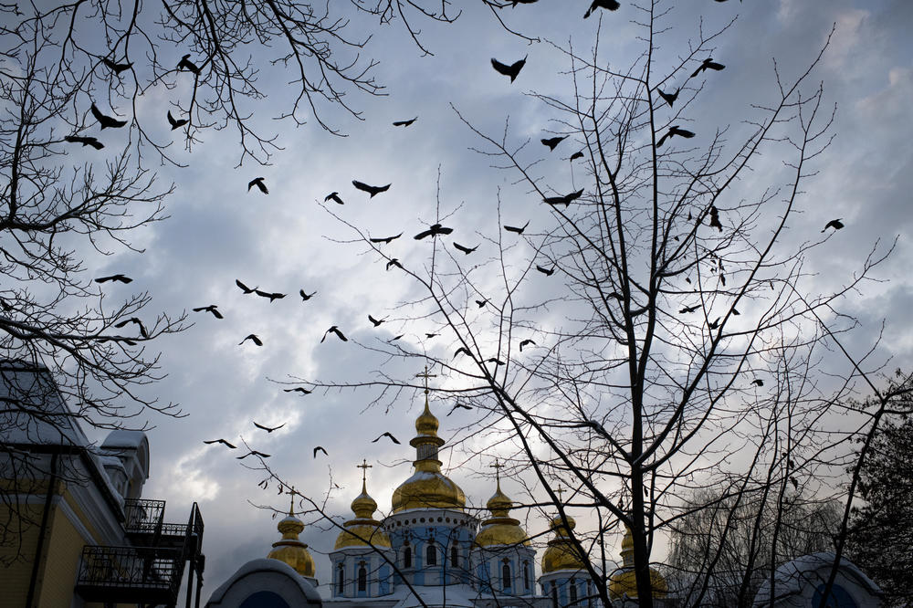 Birds fly over St. Michael's Golden-Domed Monastery in Kyiv on Nov. 30.
