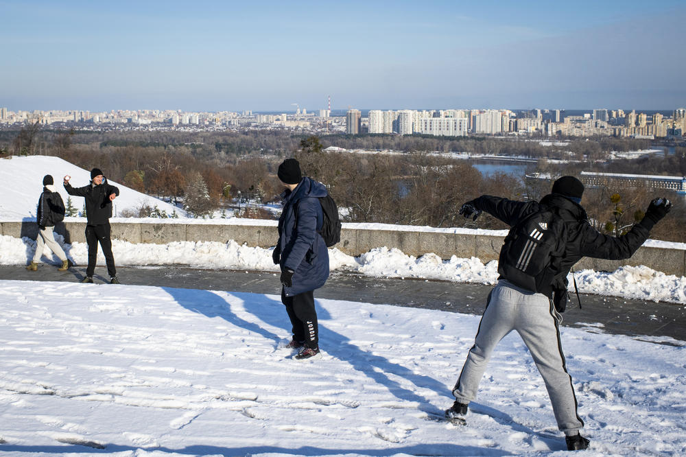Young Ukrainians take part in a snowball fight in the Park of Eternal Glory in Kyiv on Dec. 1.