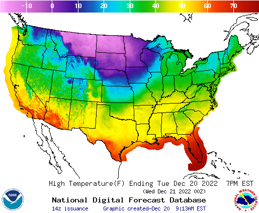 The National Weather Service temperature map for Tuesday.