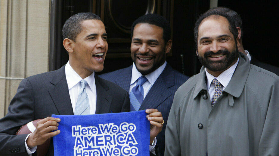 Pittsburgh Steelers NFL football players Jerome Bettis and Franco Harris accompany then-presidential candidate Barack Obama in 2008 as they leave the Soldiers and Sailors Museum and Memorial in Pittsburgh.