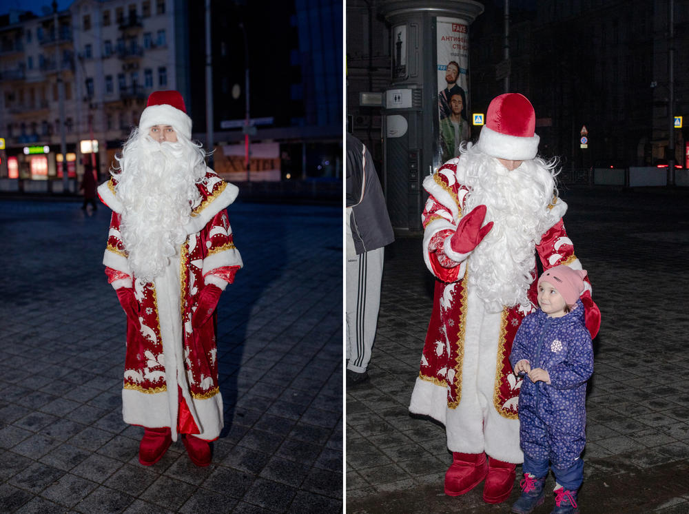 Left: 27-year-old Kostiatyn Novikov in his Grandfather Frost costume. Right: 4-year-old Emma Kochalka with Grandfather Frost. Kharkiv, Ukraine, on Dec. 11.