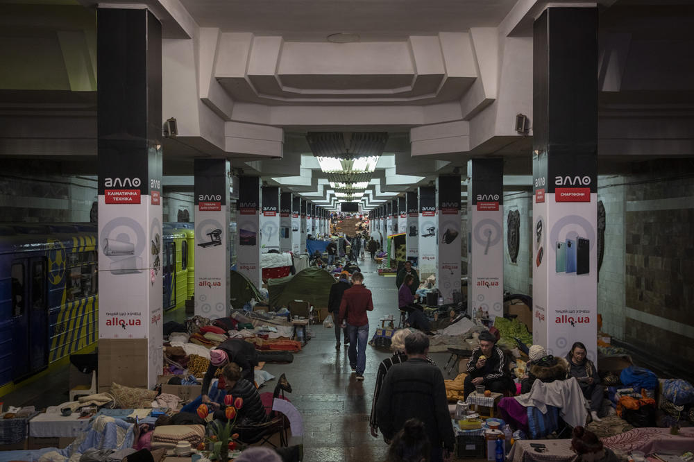People take shelter in a metro station in Kharkiv, Ukraine, on April 30. Citizens in Kharkiv adopted a new life underground at subway stations, as the second biggest city in Ukraine faced a constant threat of Russian bombardment and airstrikes.
