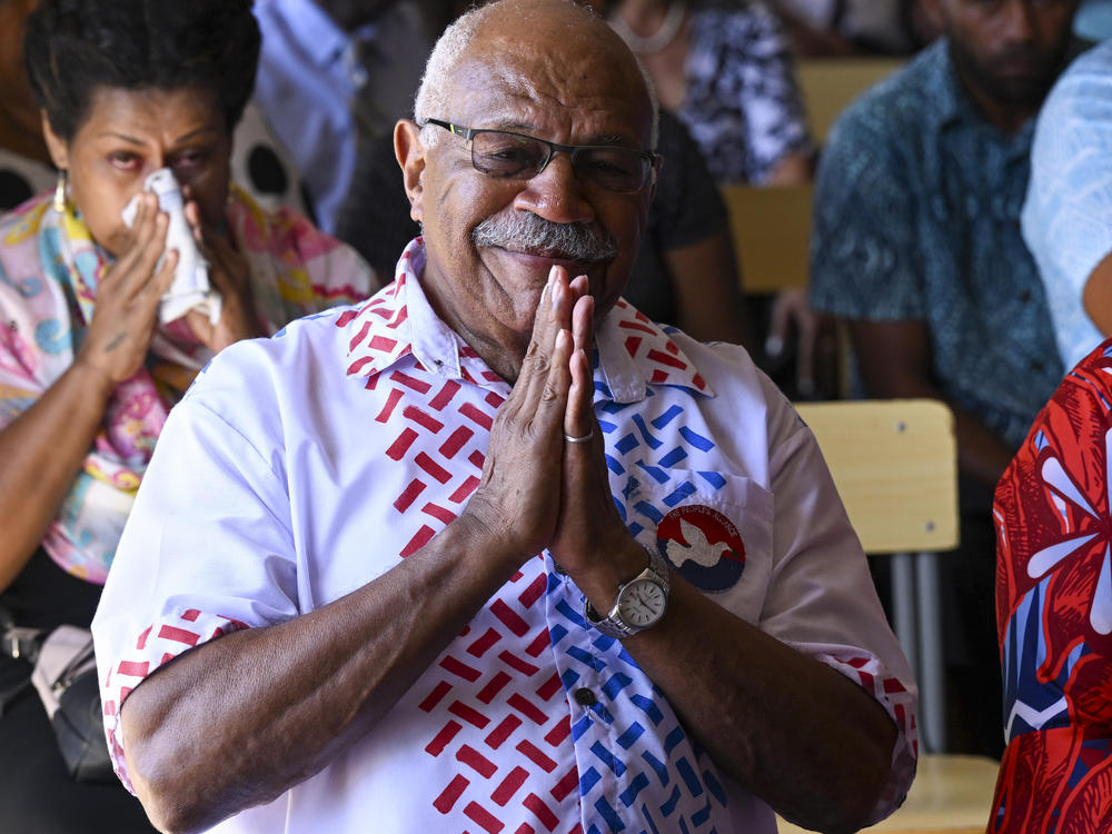 People's Alliance Party leader Sitiveni Rabuka gestures during a church service at the Fijian Teachers Association Hall in Suva, Fiji, Sunday, Dec. 18, 2022.