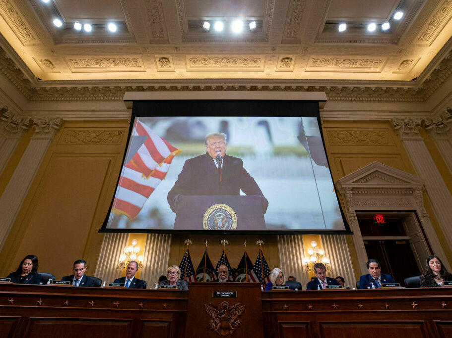 Former President Donald Trump is displayed on a screen during a meeting of the Select Committee to Investigate the Jan. 6 Attack on the U.S. Capitol on Monday.