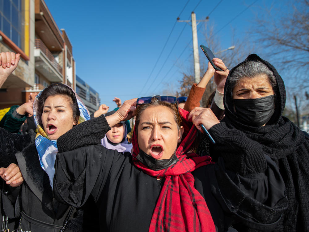 Afghan women protest a new Taliban ban to keep women from studying in university. This demonstration took place on Dec. 22 in Kabul. Now there is added concern about the future of education for girls of all ages, with reports that the Taliban has sent home women who teach in primary schools.