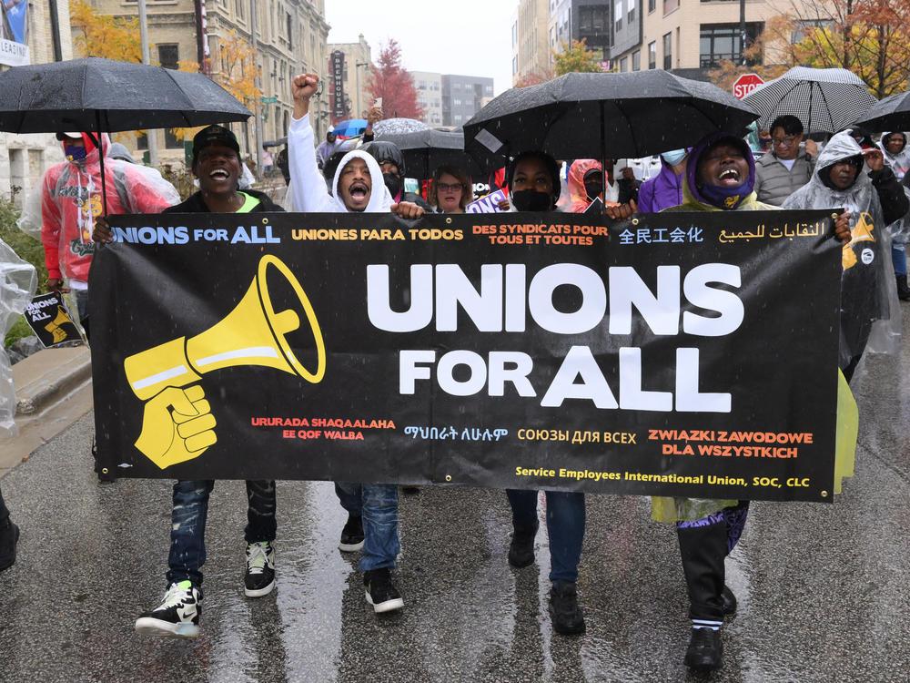 Workers in Milwaukee, Wisconsin, take to the streets in Milwaukee, Wisconsin.