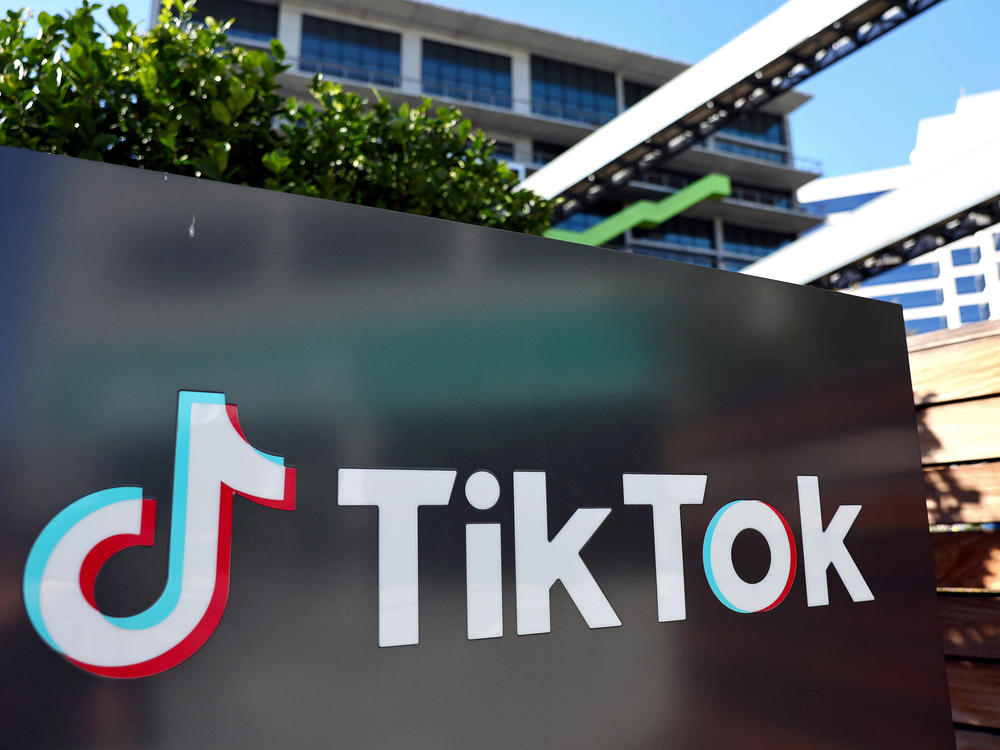 The TikTok logo is displayed outside a TikTok office on December 20, 2022 in Culver City, Calif. Congress passed legislation to ban the popular Chinese-owned social media app from most government devices.