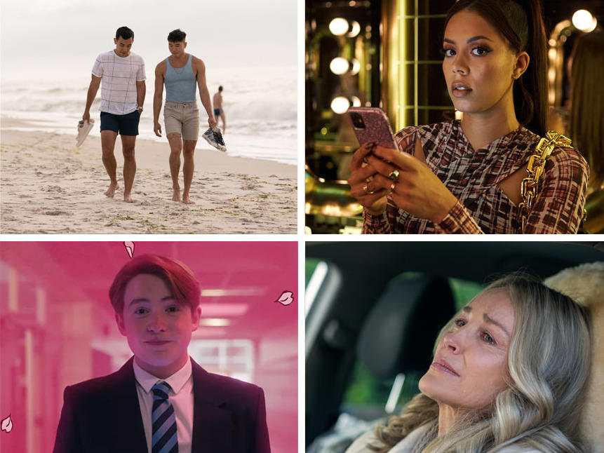 Clockwise from top left: <em>The Gilded Age, Fire Island, Mood, The Flight Attendant, Heartstopper </em>and <em>Everything Everywhere All at Once.</em>