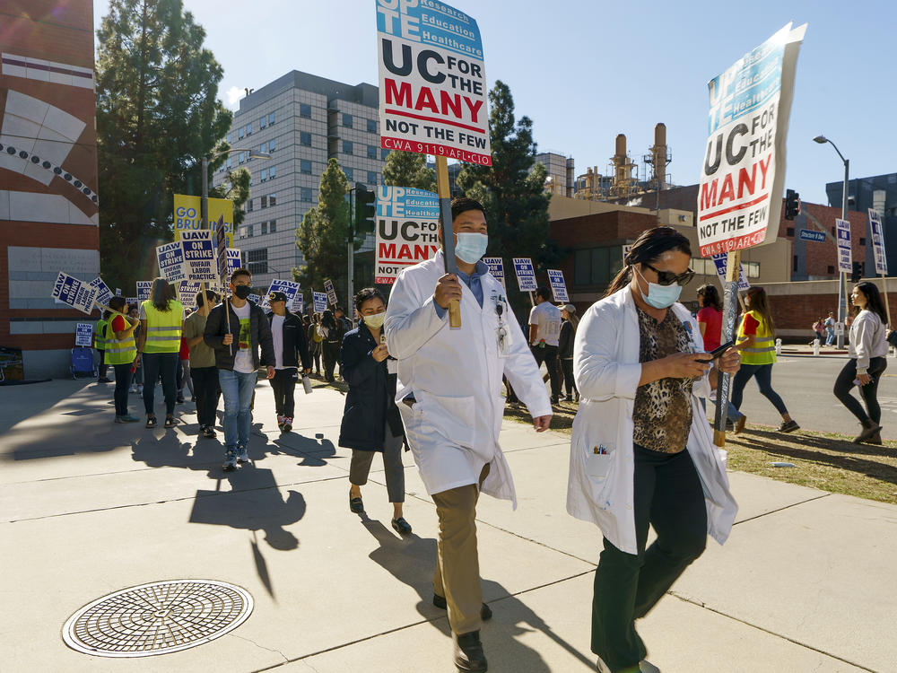 People participate in a protest outside the UCLA campus in Los Angeles on Nov. 14, 2022.