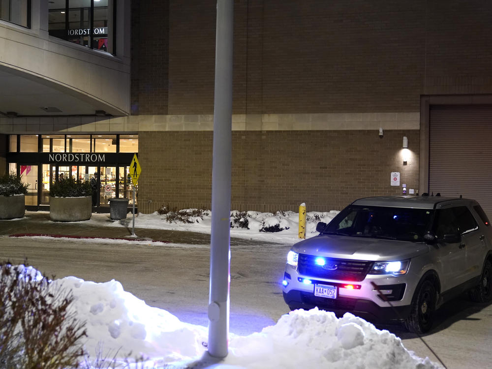 A police car sits parked outside Nordstrom at Mall of America after a shooting Friday, Dec. 23, 2022, in Bloomington, Minn.