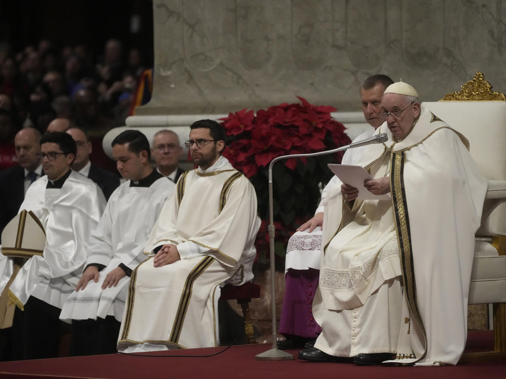 Pope Francis presides over Christmas Eve Mass, at St. Peter's Basilica at the Vatican, Saturday Dec. 24, 2022.