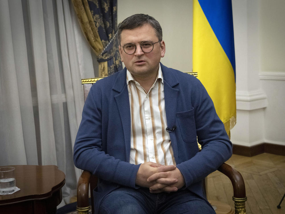 Ukraine's Foreign Minister Dmytro Kuleba talks during an interview with The Associated Press in Kyiv on Monday.