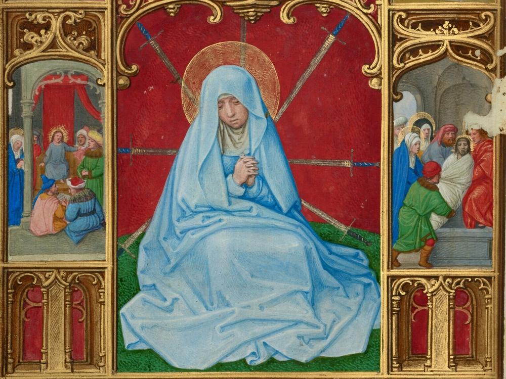 <em>The Seven Sorrows of the Virgin</em>, from Prayer Book of Cardinal Albrecht of Brandenburg, about 1525-1530, Simon Bening. Tempera colors, gold paint, and gold leaf on parchment.