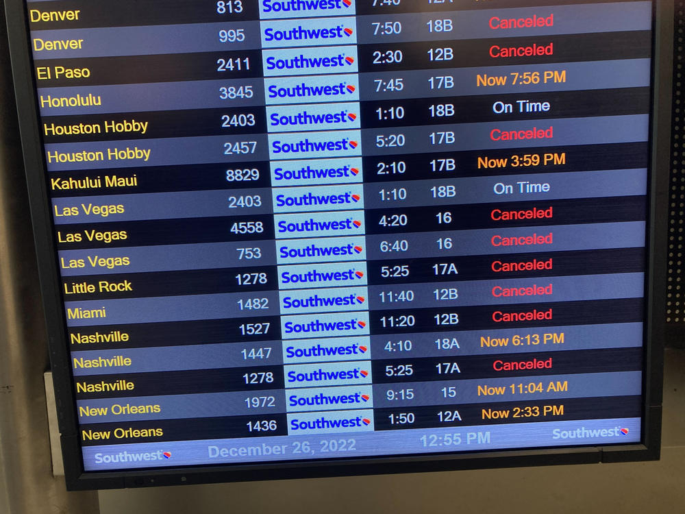 A flight board shows canceled flights at the Southwest Airlines terminal at Los Angeles International Airport on Monday.