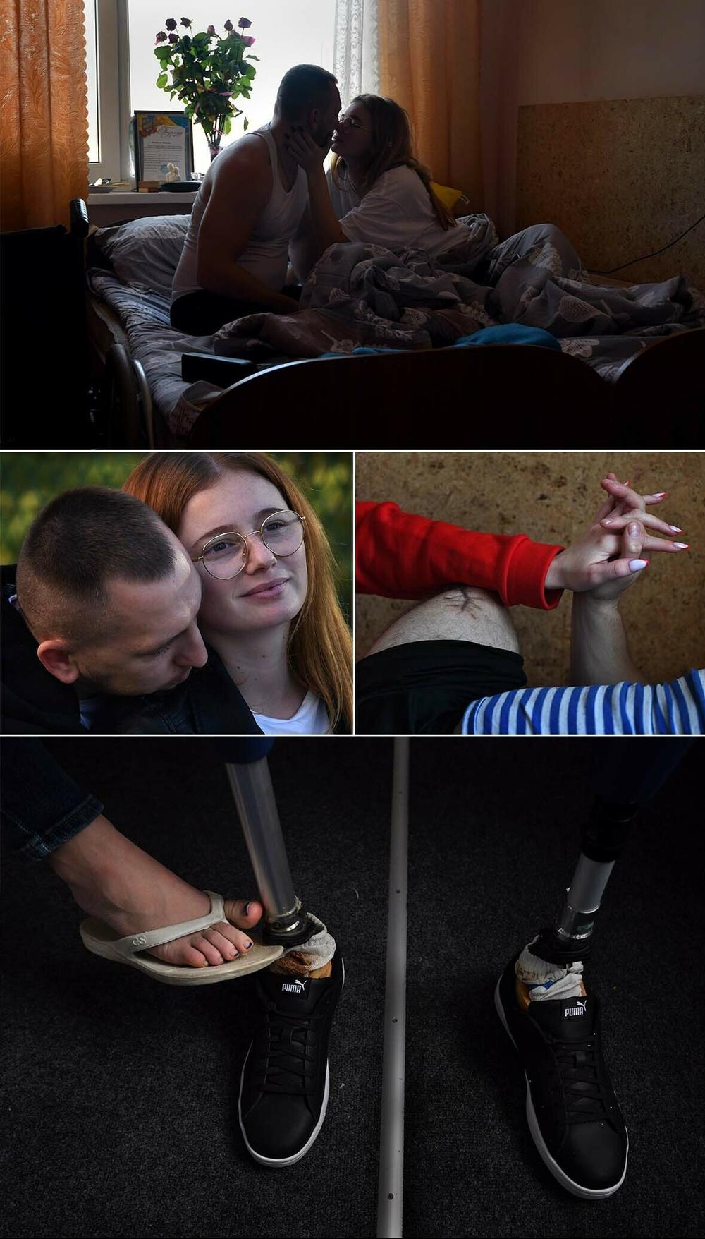 Top: Misha and Ira sharing a moment in their room at Truskavets City Hospital. Middle left: Misha and Ira wait outside for air raid sirens to stop. Middle right: Holding hands. Bottom: Playing footsie.