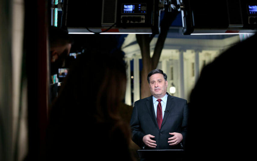 White House chief of staff Ron Klain speaks during a TV interview on the driveway of the White House on March 1, 2022.