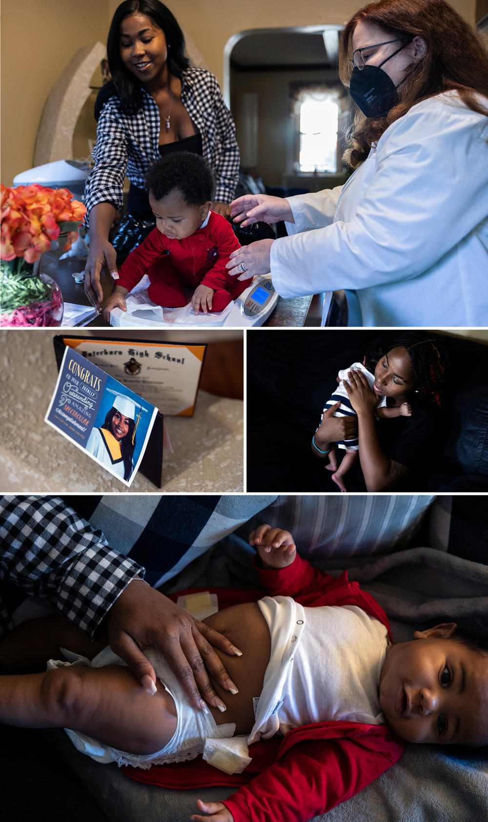 Ja'Mil'Lion DeLorenzo and her son, Haiyden Hackney, receive guidance from nurse Carole Kriessman in their home in Glenolden, Pa.