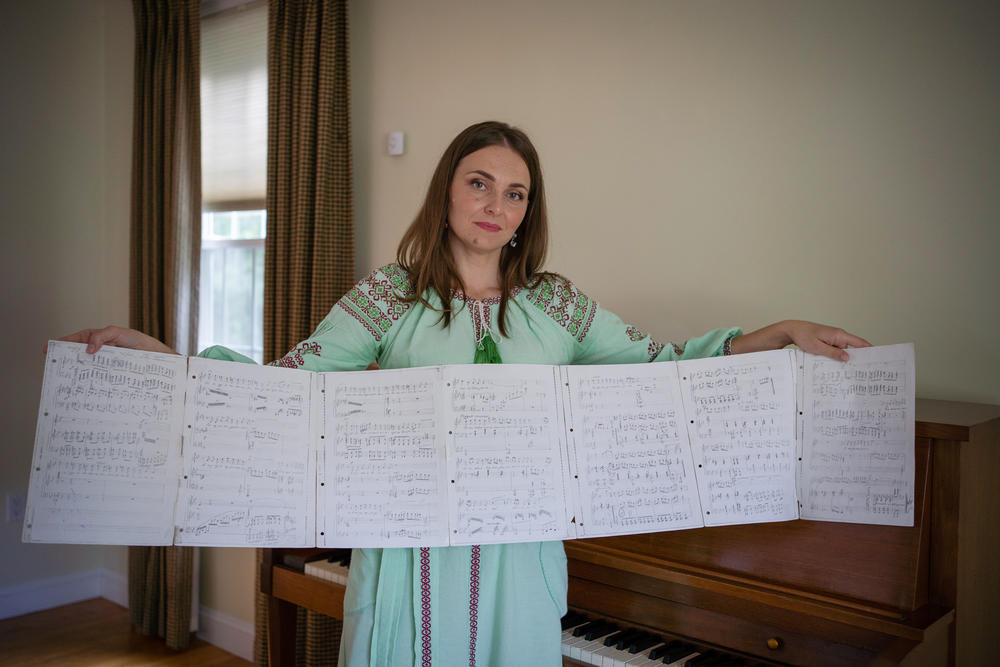 Olha Abakumova, an opera singer from western Ukraine, came to the U.S. with her daughter. (Her husband was not able to migrate.) Olha brought her most treasured sheet music for Ukrainian arias. 