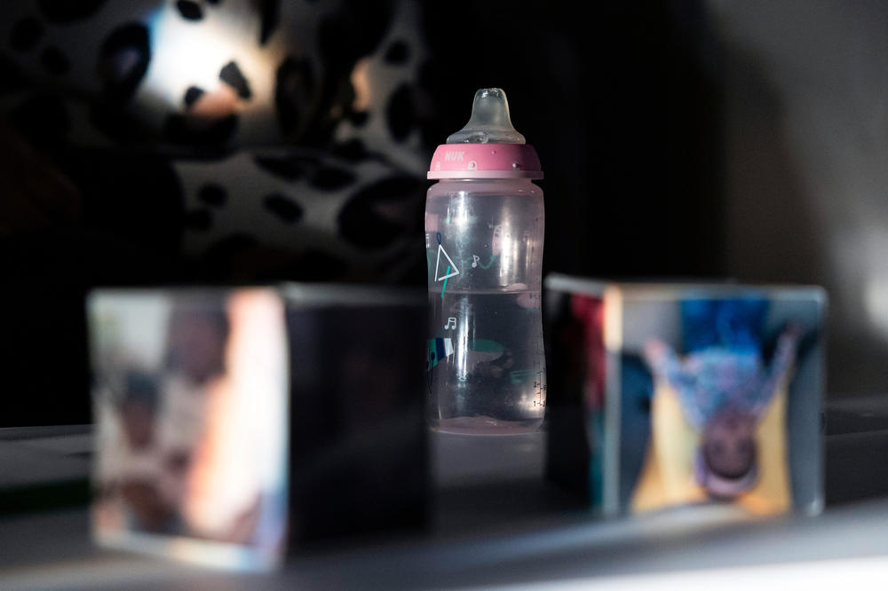 A bottle sits on the table at Lauren Brown's home in Upper Darby, Pa.
