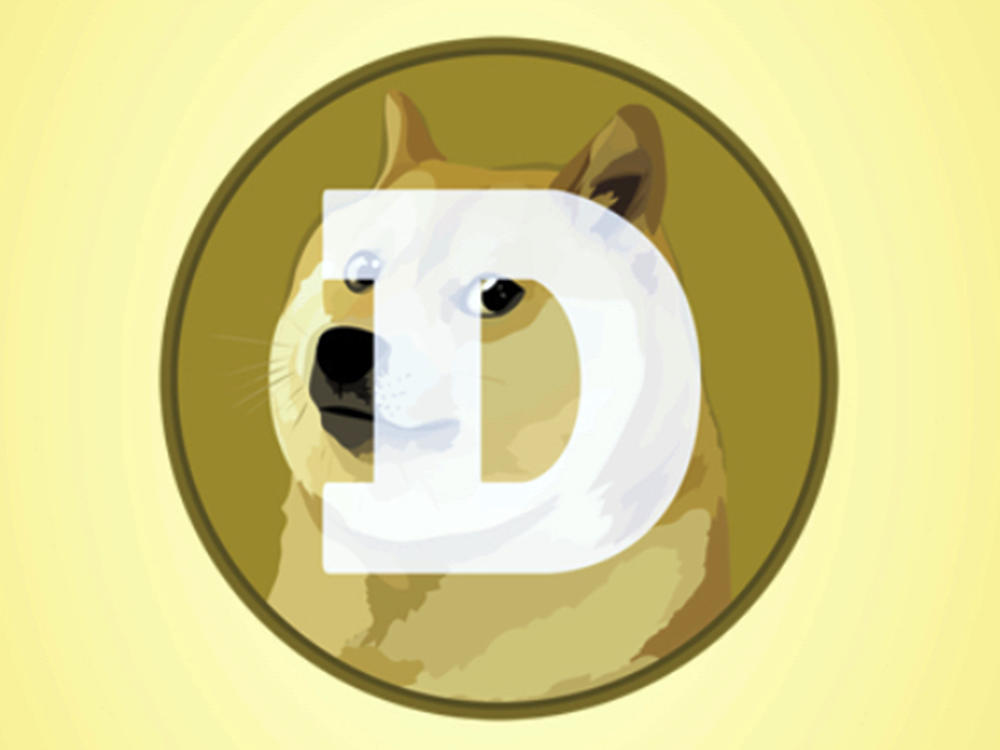 The logo for the cryptocurrency Dogecoin, pictured here in a 2021 screenshot, is one of countless places where an image of the dog Kabosu appears. Her owner says the Shiba Inu is sick with cancer.