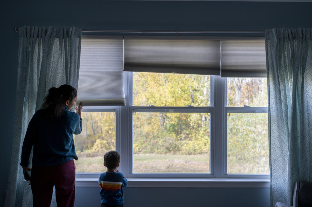Keerthi Sanivarapu, 35, lifts the blinds of her bedroom window so her son, Ridhay Vemuri, 2, can peek outside their home in Novi, Mich., on Oct. 16, 2022.