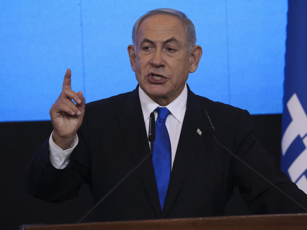 Benjamin Netanyahu, former Israeli Prime Minister and the head of Likud party, speaks to his supporters after first exit poll results for the Israeli Parliamentary election at his party's headquarters in Jerusalem on Nov. 2, 2022.