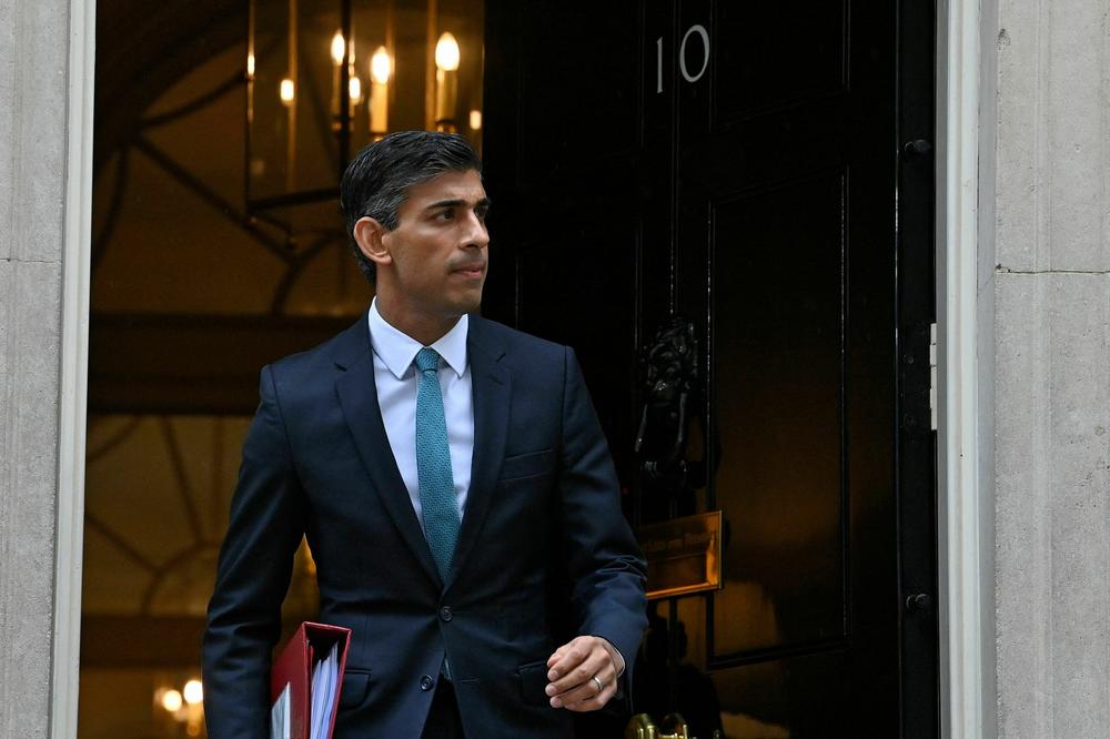 Britain's Prime Minister Rishi Sunak leaves 10 Downing St. in central London on Oct. 26 for the House of Commons to take part in his first Prime Minister's Questions. Sunak faced off against opposition lawmakers for the first time as British prime minister, in a raucous parliamentary session following weeks of political turmoil.