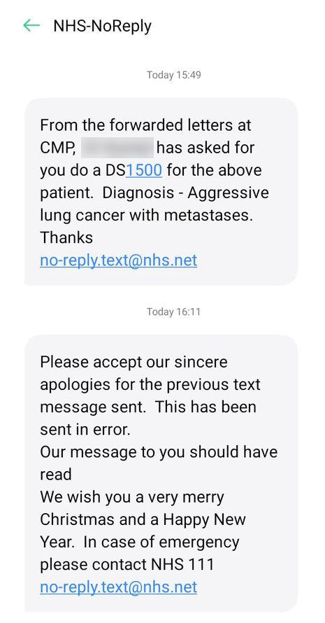 Askern Medical Practice in Doncaster, England, mistakenly sent Christmas Eve text messages to patients saying they had lung cancer.