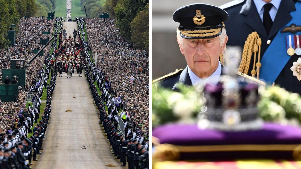 <strong>Left:</strong> The procession following the coffin of Queen Elizabeth II, aboard the State Hearse, travels up The Long Walk in Windsor on Sept. 19. <strong>Right:</strong> Britain's King Charles III walks behind the coffin of Queen Elizabeth II, during a procession from Buckingham Palace to the Palace of Westminster, in London on Sept. 14.