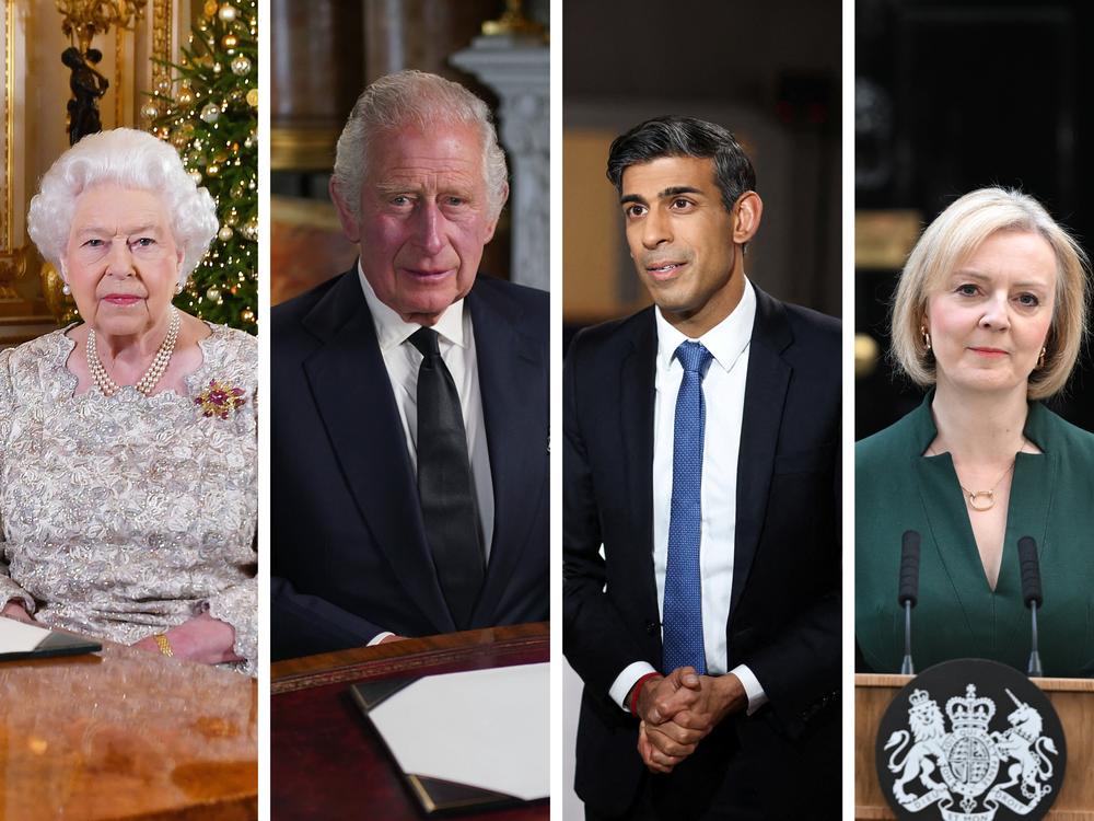 Former U.K Prime Minister Boris Johnson, Queen Elizabeth II, King Charles III, current U.K. Prime Minister Rishi Sunak, and former U.K. Prime Minister Liz Truss.