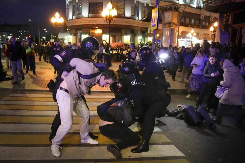 Riot police detain demonstrators during a protest against mobilization in Moscow on Sept. 21, 2022, following Russian President Vladimir Putin's order of a partial mobilization of reservists in Russia.
