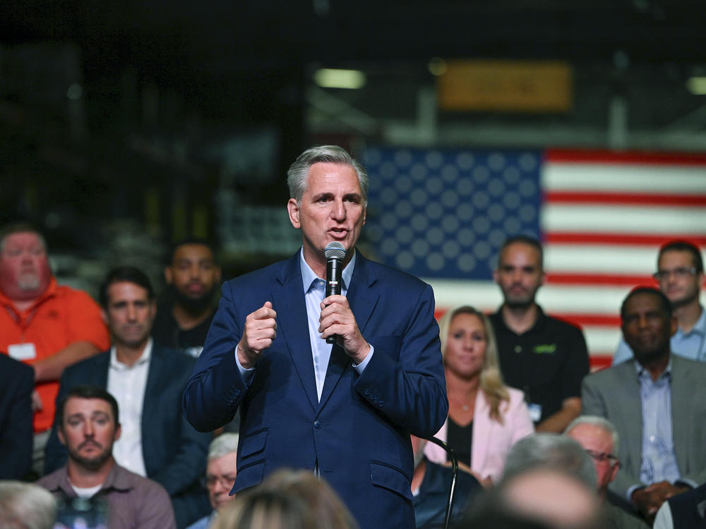 Republican leader Kevin McCarthy, R-Calif., speaks in Monongahela, Pa. on Sept. 23, 2022. McCarthy unveiled a campaign proposal titled 