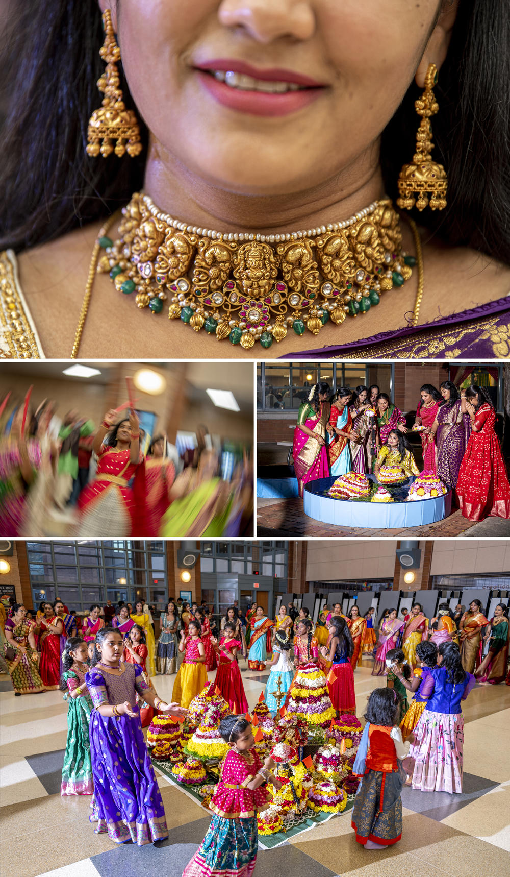 Top: Vasundhara Sistla, 40, wears a piece of jewelry designed with an image of the mother goddess Durga at a Bathukamma festival celebration. Above, left: Amulya Gundlapally, 17, plays Kolatam — a folk dance with the sticks — at the event. Above, right: Women immerse the Bathukammas in a small pool. Above: Young girls and women from the community dance around the Bathukammas.