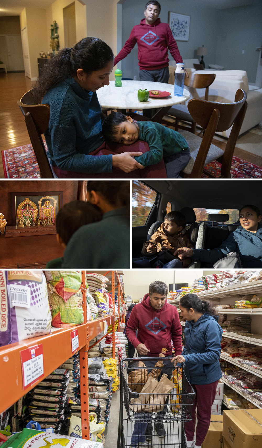 Top: Ridhay rests on his mother's lap at their dinner table in Novi, Mich., on Oct. 15, 2022. Middle, left: Ridhay and his mother pray to the Indian deities in their prayer room in their home. Middle, right: Ridhay and his mother take in the fall colors on their way to an Indian store. Above: Ridhay and his parents shop for their monthly groceries at the nearby Indian store.