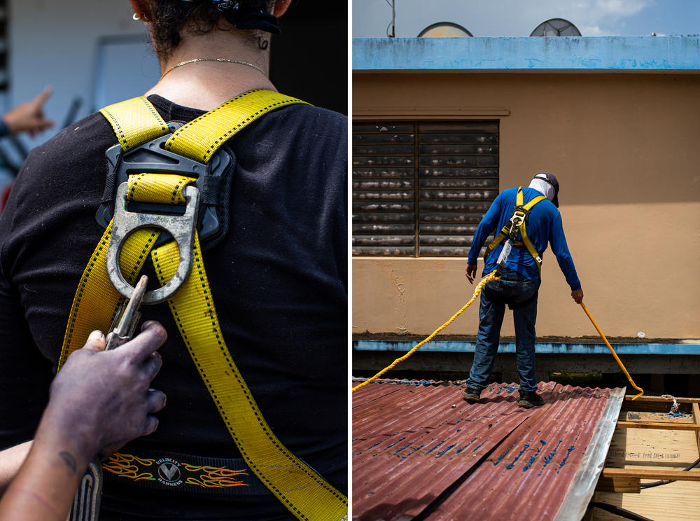 Making preparations to replace a roof in Toa Baja, Puerto Rico.